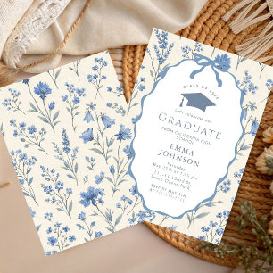 Blue White Floral Graduation Party Invitation