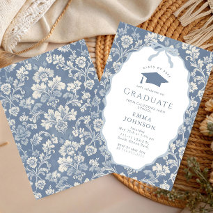 Blue White Floral Graduation Party Invitation