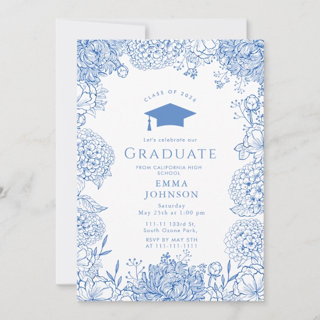 Blue White Floral Graduation Party Invitation (Front)