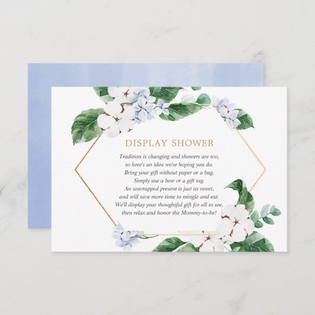 Blue white floral greenery gold boy display shower enclosure card (Front/Back)