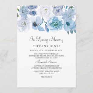 Blue White Floral In Loving Memory Service Invite