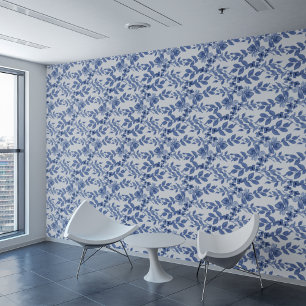 Blue White Floral Leaf Pattern Wallpaper