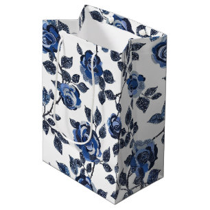 Blue White Floral Leaves Birthday Medium Gift Bag