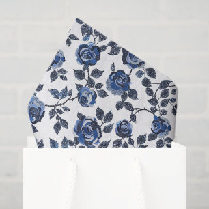 Blue White Floral Leaves Birthday Tissue Paper