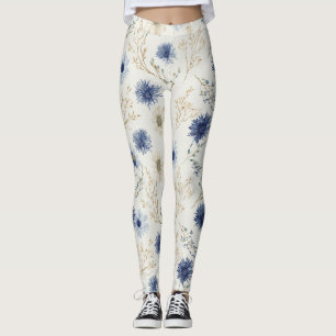Blue White Floral Leggings