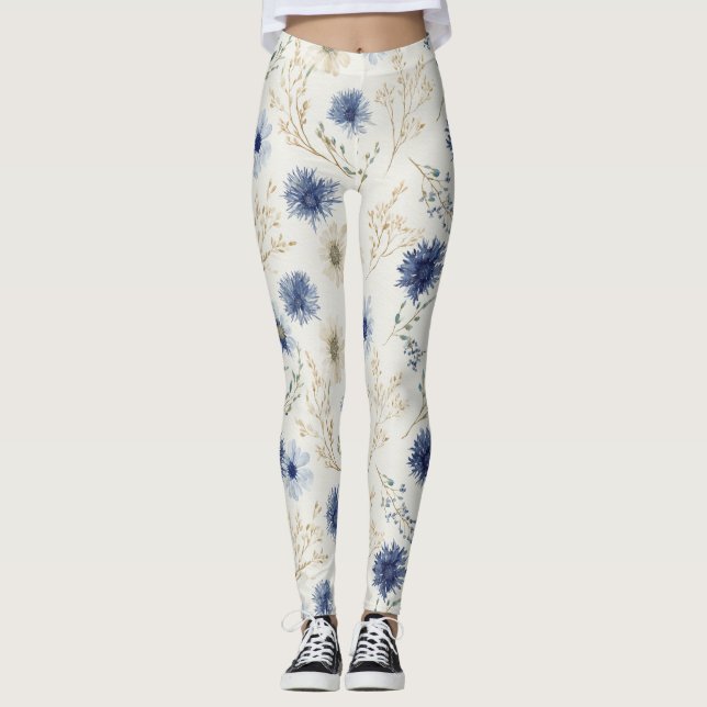 Blue White Floral  Leggings (Front)
