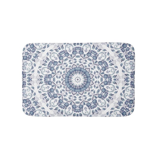 Blue White Floral Mandala Cottage Bath Mat (Front)