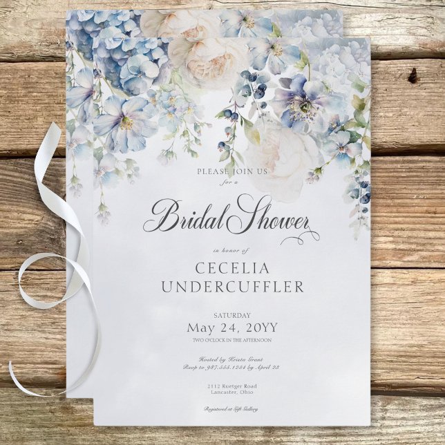 Blue & White Floral Modern Bridal Shower Invitation (Blue & White Floral Modern Bridal Shower Invitation)