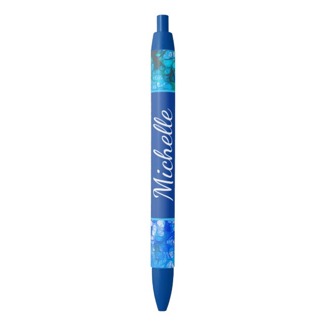 Blue White Floral Modern Flowers Personalise Black Ink Pen (Front Vertical)