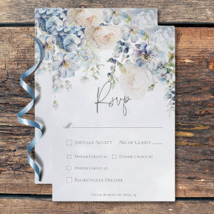 Blue & White Floral Modern Wedding Dinner RSVP Card