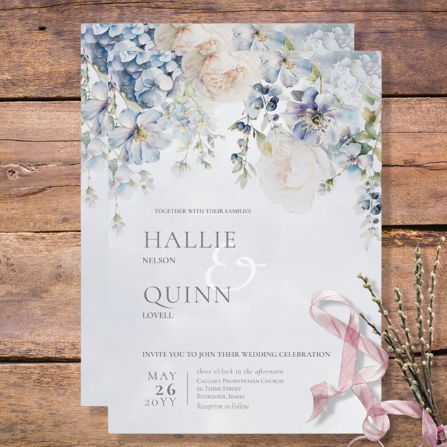 Blue & White Floral Modern Wedding Invitation (Creator Uploaded)