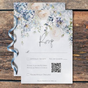 Blue & White Floral Modern Wedding QR Code RSVP Card
