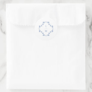 Blue & White Floral Monogrammed Wedding Classic Round Sticker