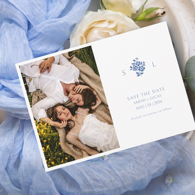 Blue & White Floral Monogrammed Wedding Flat  Save The Date (Creator Uploaded)