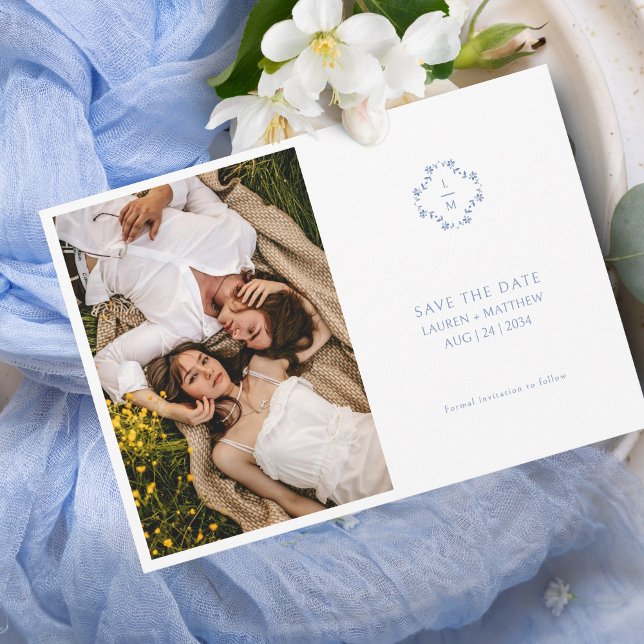 Blue & White Floral Monogrammed Wedding Flat  Save The Date (Creator Uploaded)