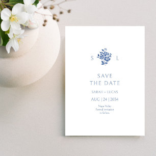 Blue & White Floral Monogrammed Wedding Flat  Save The Date