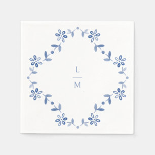 Blue & White Floral Monogrammed Wedding  Napkin