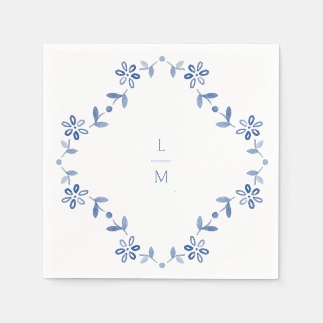 Blue & White Floral Monogrammed Wedding  Napkin (Front)