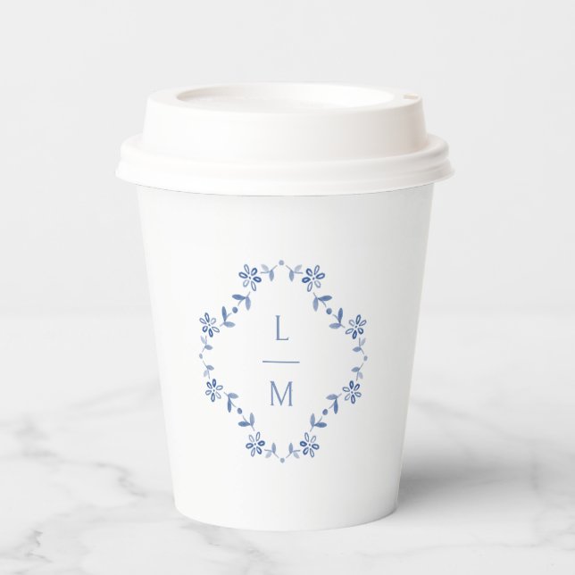 Blue & White Floral Monogrammed Wedding  Paper Cups (Front)