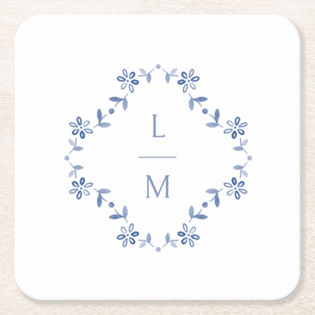 Blue & White Floral Monogrammed Wedding  Square Paper Coaster (Front)