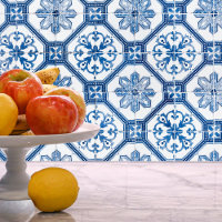 Blue White Floral Mosaic Tile Pattern Peel Stick
