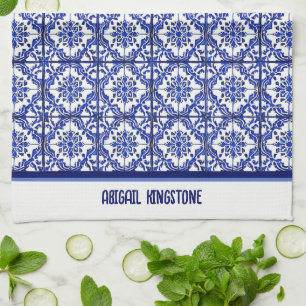 Blue white floral pattern Mediterranean inspired Tea Towel