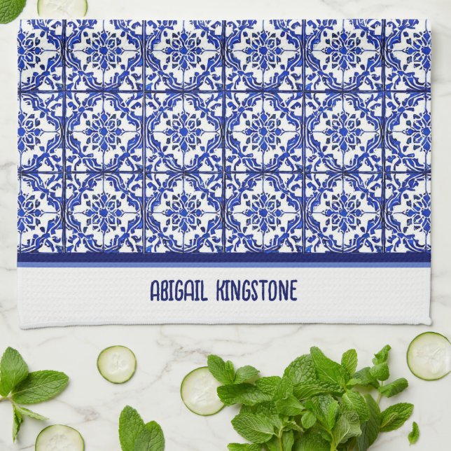 Blue white floral pattern Mediterranean inspired  Tea Towel (Folded)