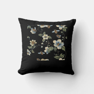 Blue White Floral Pattern - Whimsigoth Dark Aesthe Cushion
