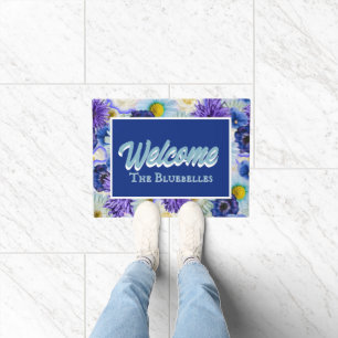 Blue & White Floral Personalised Entry Way Welcome Doormat