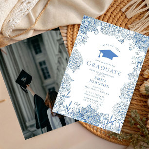 Blue White Floral photo Graduation Party Invitation