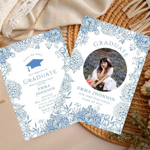Blue White Floral Photo Graduation Party Invitation