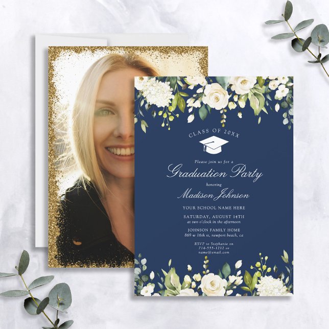 Blue White Floral Photo Graduation Party Invitation (Creator Uploaded)