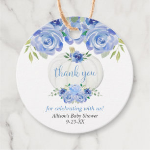 Blue white floral pumpkin boy baby shower favour tags