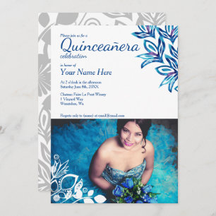 Blue & White Floral Quinceañera Photo Invitation