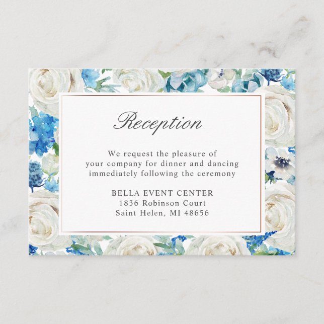 Blue White Floral Reception Details Enclosure Card (Front)