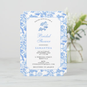 Blue White Floral Roses Chinoiserie Bridal Shower  Invitation