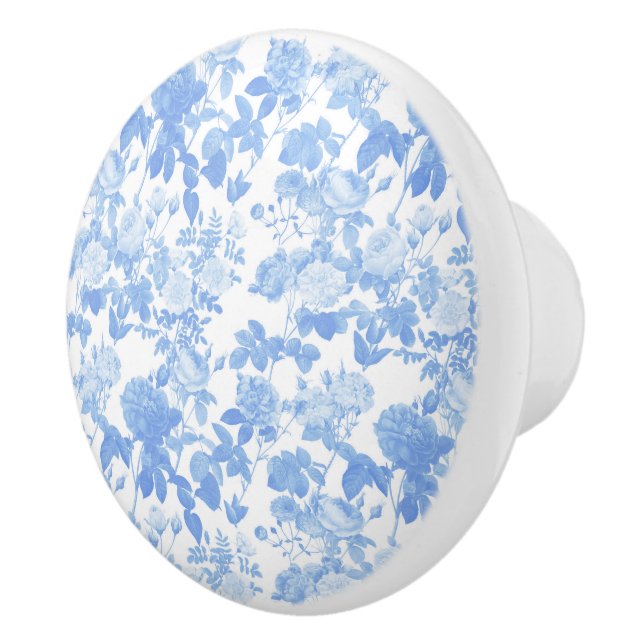 Blue White Floral Roses French Chinoiserie Pattern Ceramic Knob (Right)