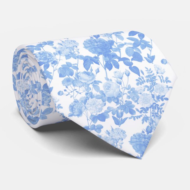 Blue White Floral Roses French Chinoiserie Pattern Tie (Rolled)