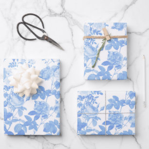 Blue White Floral Roses French Chinoiserie Pattern Wrapping Paper Sheet
