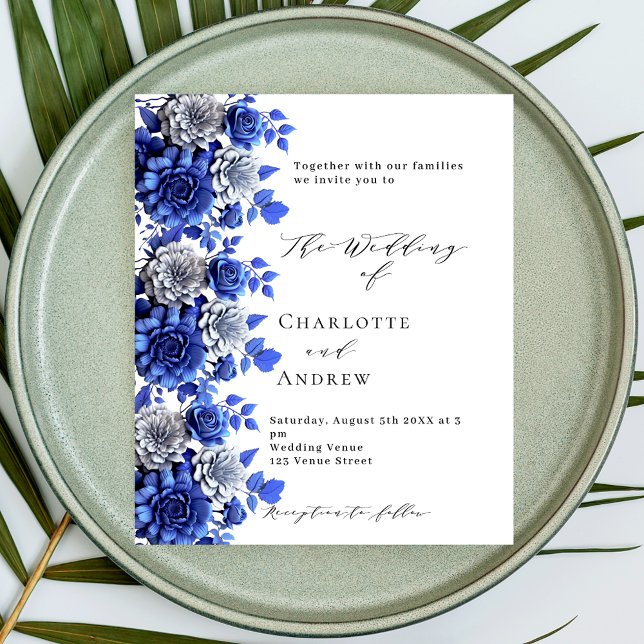 Blue white floral script budget wedding invitation flyer (Creator Uploaded)