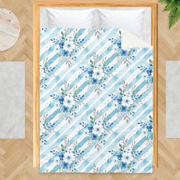 Blue White Floral Stripe Patterned Coastal Fleece Blanket