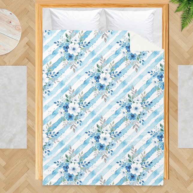 Blue White Floral Stripe Patterned Coastal Fleece Blanket (A fleece blanket with blue and white floral and stripes pattern in a watercolor style)