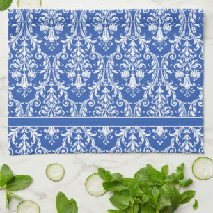 Blue White Floral Swirls Damask 4 Monogram Tea Towel