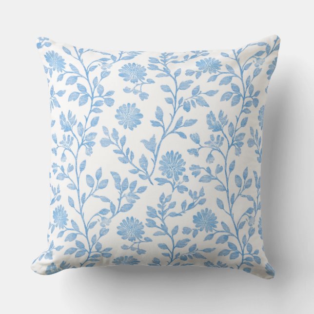 Blue & White Floral Throw Pillow (Front)