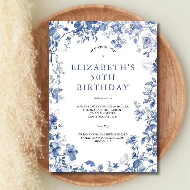 Blue White Floral Toile Watercolor 50th Birthday Invitation (Blue White Floral Toile Watercolor Elegant 50th birthday invitation for her. Printed or Digital)