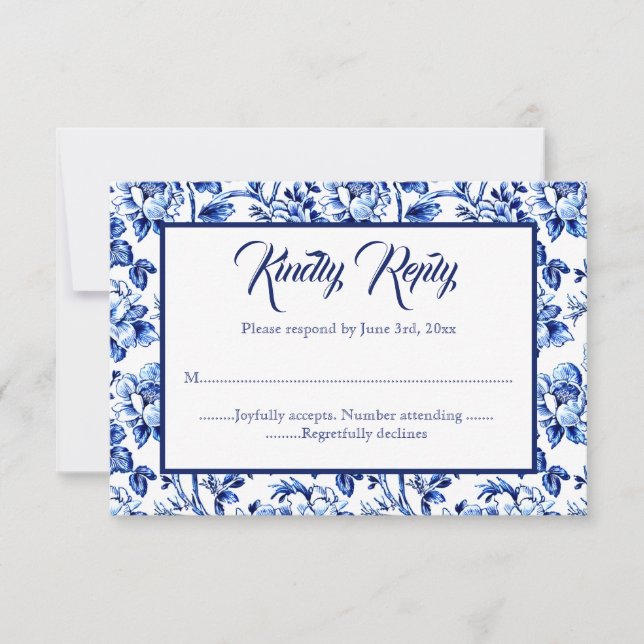 Blue & White Floral Toile Wedding RSVP card  (Front)