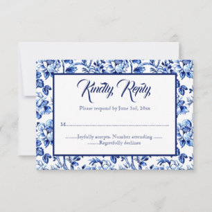 Blue & White Floral Toile Wedding RSVP card