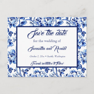 Blue & White Floral Toile Wedding Save the date Announcement Postcard