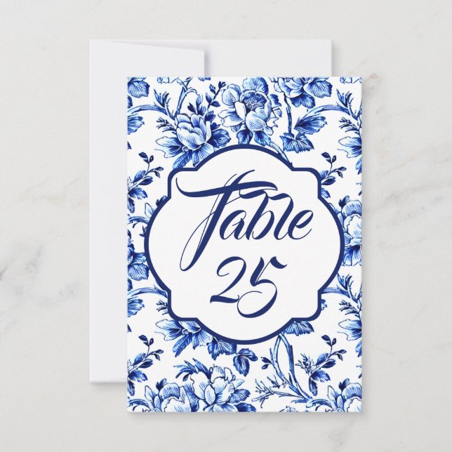 Blue White Floral Toile Wedding Table Number Card (Front)