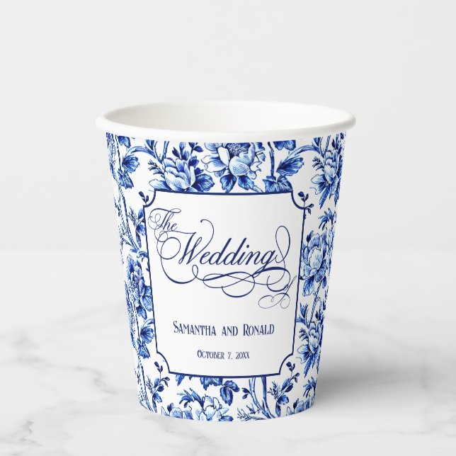 Blue & White Floral Toile with Calligraphy Wedding Paper Cups (Front)